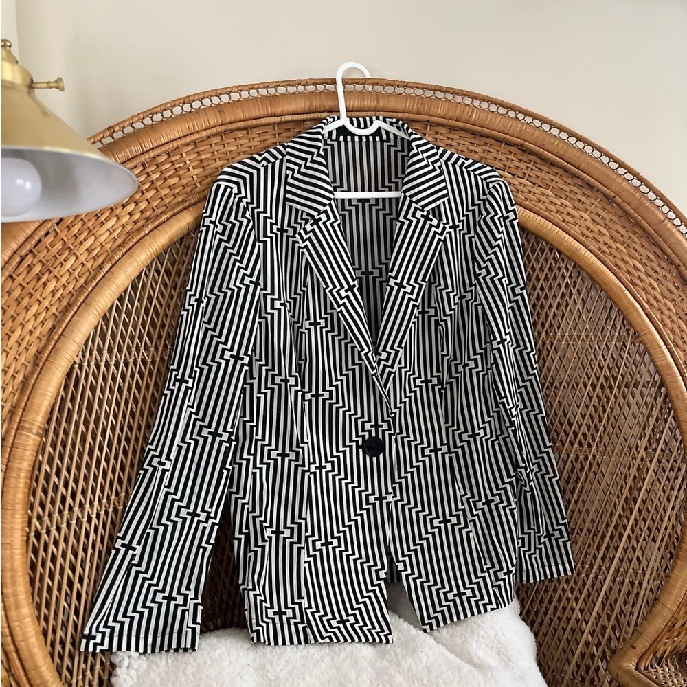 Vintage Pierre Cardin Black and White Geometric cross Blazer sheer